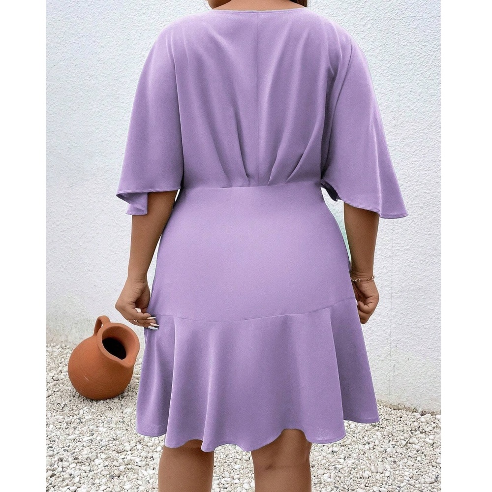 Plus solid Batwing Sleeve Ruffle Hem Mini Dress - Picture 10 of 13